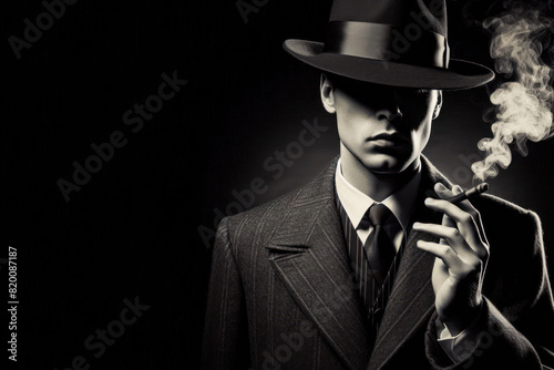 Old fashioned detective or mafia in hat on dark background