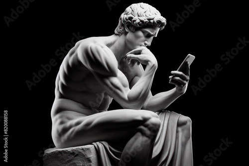 Greek sculpture of a pensive man sitting with smartphone Isolated