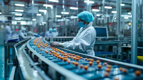 Workers in protective gear operate automated equipment in a modern pharmaceutical production line, ensuring safety and efficiency. The process involves precision and quality control