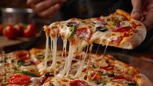A hand lifting a pizza slice, the cheese stretch a testament to the perfect blend of toppings and melt