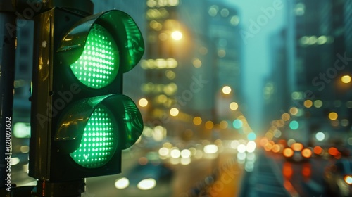 Close-up of a traffic light showing the green light, signaling for cars to move, with a blurred cityscape in the background.