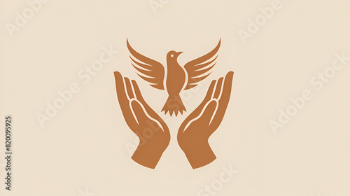Church logo. Christian symbols. The symbol of the Holy Spirit is the dove, the cross of Jesus Christ, and the praying hands below, Generative AI