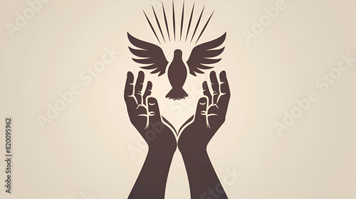 Church logo. Christian symbols. The symbol of the Holy Spirit is the dove, the cross of Jesus Christ, and the praying hands below, Generative AI