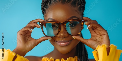 Happy face, black woman with glasses, goofy or joyful female on blue studio background. Portrait of African person or model with eccentric eyewear, casual clothes, or happiness.