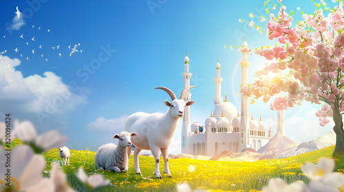 two sheeps standing showing Eid Ul Adha festival celebration greetings mosque on background