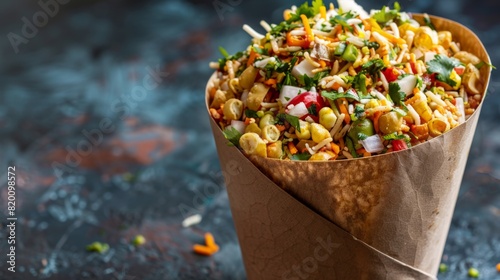 Exotic Indian street food dish, bhel puri, served in a paper cone with crunchy puffed rice, sev, and tangy chutneys.