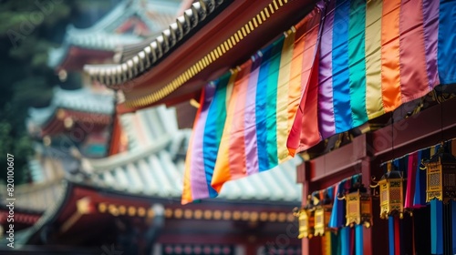 Japanese temple with pride flags, cultural inclusivity, close up, blending traditions, vibrant, overlay, Japanese background
