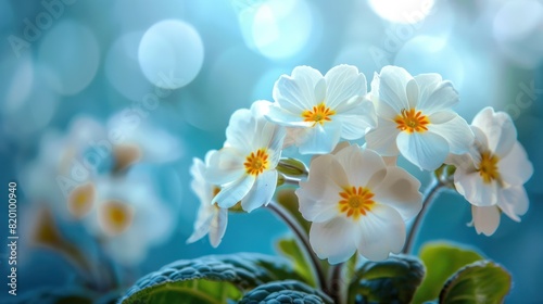 Spring Forest White Flowers & Primroses on Blue Macro Floral Background - Romantic Artistic Image for Desktop Wallpaper or Postcard