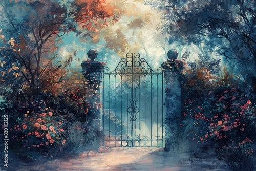 Frontal view of a serene garden gate, intricate wrought iron patterns, soft pastel colors, delicate watercolor brushstrokes, ethereal and inviting atmosphere, gentle morning light