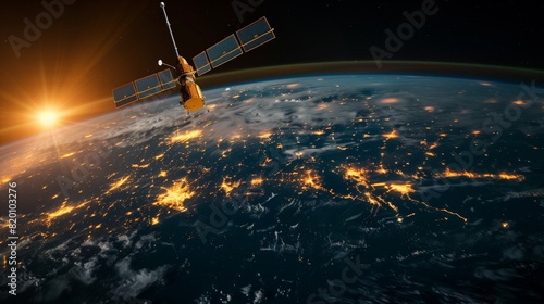 High above the Earth, a satellite gracefully moves through city lights and sunlight, showcasing the beauty of our planet from afar in space, creating a breathtaking view of our globe
