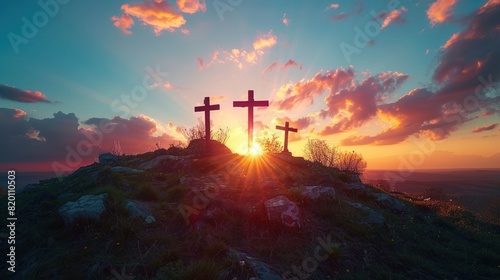 Sunrise Crucifixion: Three Crosses on Hill Depicting Jesus Christ's Sacrifice