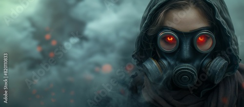 person with glowing red eyes in a gasmask standing in the smoke. 