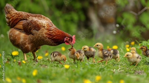 Mother hen gently guiding her curious chicks as they peck and forage for food in the green grass of a farmyard.