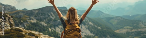 A woman is filled with joy admiring scenic mountains, embracing the freedom of the outdoors. She stands with outstretched arms, carrying a backpack, symbolizing triumph and a sense of achievement
