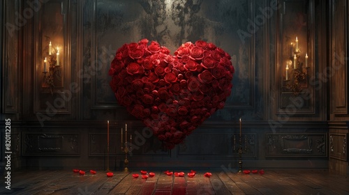 3D rendering of a red heart made from roses in the center of a dark room with a classical interior, candle lamps on the walls. The heart is rendered