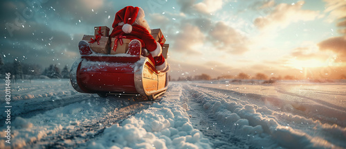 Santa Claus with a sleigh filled with gifts. Christmas holidays. Christmas Theme.