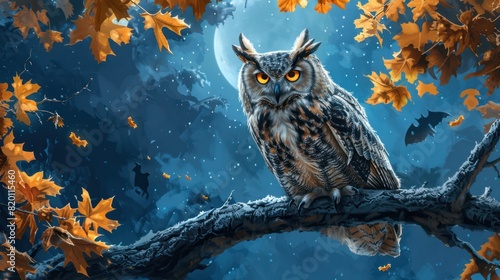 Angry Eagle Owl in Spooky Forest Halloween Scene Under Moonlight