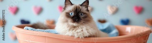 a himalayan cat in a laundry basket, editorial photography, pastel stripe with hearts pattern wallpaper background