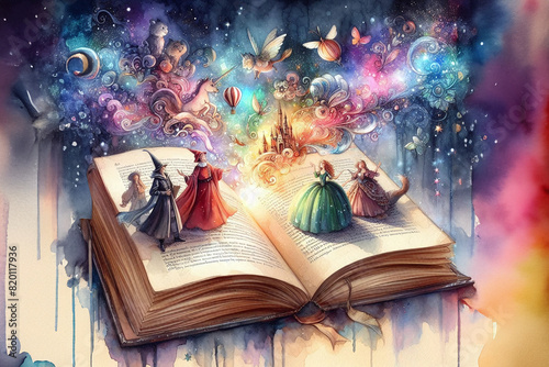 watercolor children's illustration of amazed child reading fairy tales book with fantastic characters coming from it, imagination