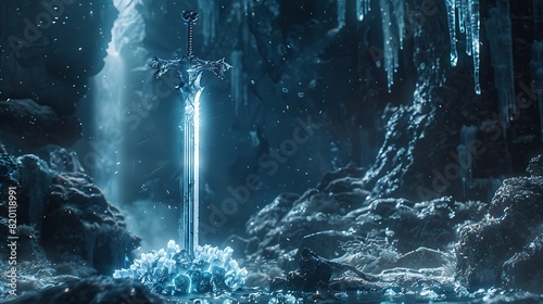 A shimmering sword, forged from the heart of a dying star, resting upon a pedestal of crystalline ice, its power untamed.