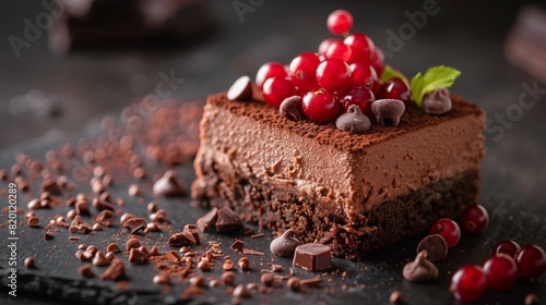A delicious piece of chocolate cake topped with juicy cherries