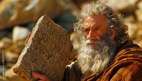 Moses carries stone tablets with the Ten Commandments inscribed on them.