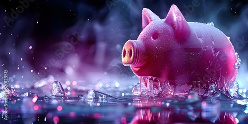 Thawing frozen piggy bank on dark background. Concept Save Money, Financial Thaw, Economic Recovery, Dark Background, Piggy Bank
