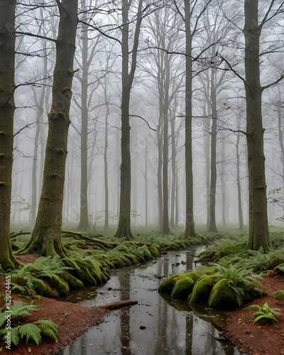 Stream flowing through a lush forest with trees and ferns