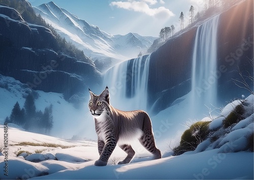 A lynx by a frozen water fall 