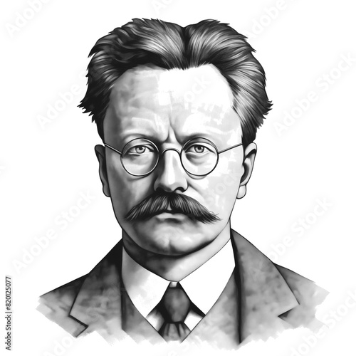 Black and white vintage engraving, close-up headshot portrait of Leon Trotsky (Lev Davidovich Bronstein), the famous historical Russian revolutionary, communist theorist, white background, greyscale