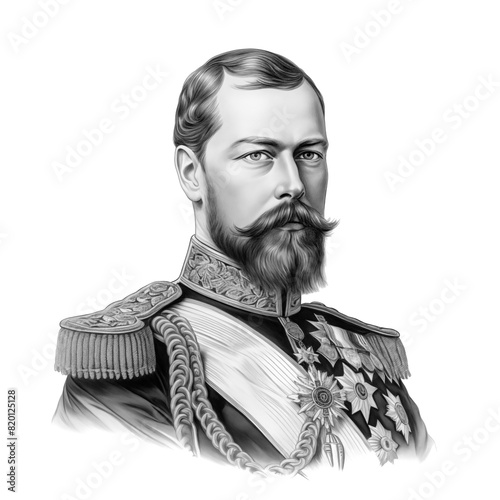 Black and white vintage engraving, close-up headshot portrait of Tsar Nicholas II (Nikolai Alexandrovich Romanov), the famous historical Russian Emperor of Russia, white background, greyscale