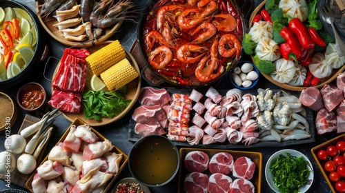 Traditional Chinese hot pot meal set up with a variety of fresh ingredients, including meats, seafood, and vegetables, ready for cooking.