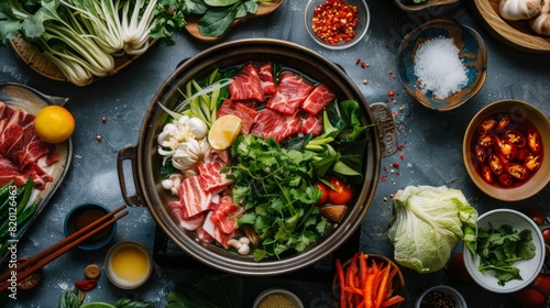 Traditional Japanese shabu-shabu hot pot with thinly sliced beef and fresh vegetables, served with dipping sauces.