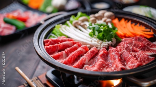 Traditional Japanese shabu-shabu hot pot with thinly sliced beef and fresh vegetables, served with dipping sauces.