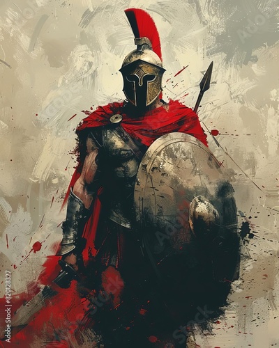A spartan warrior ready for battle. He is wearing a red cape, a helmet with a red plume, and a shield with a Greek letter lambda on it. He is holding a sword and a spear.