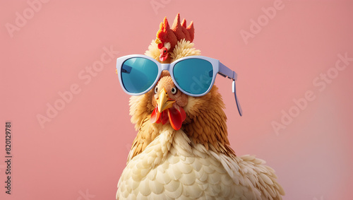 This image shows a chicken wearing blue plastic sunglasses, looking at the camera with a slightly angled head.