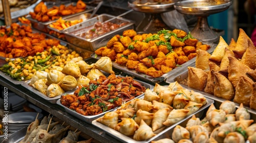 Vibrant assortment of Indian street food snacks, including samosas, pakoras, and chaat, displayed on a market stall.