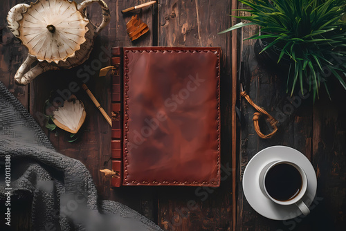 Mock up leather book on a rustic vibe