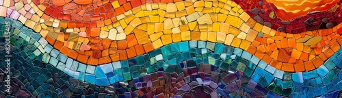 A colorful mosaic of a wave with blue, green, and orange tiles