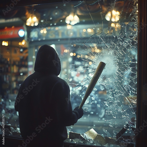 Man in black hooded sweater is holding baseball bat in front of shattered store window, indicating an act of vandalism or theft. Mans face is not visible, adding an element of mystery to scene.