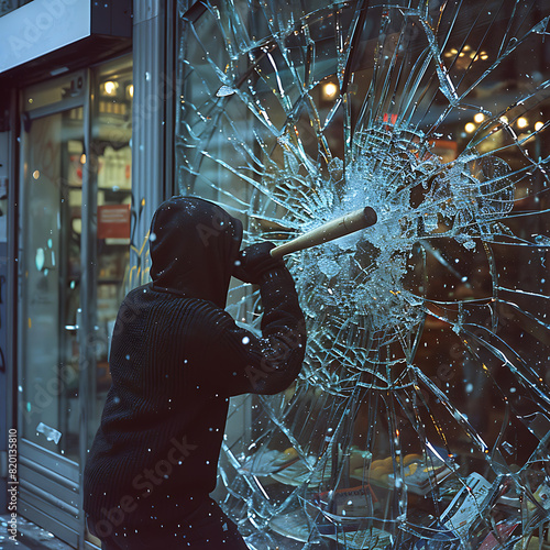Man in black hooded sweater is holding baseball bat in front of shattered store window, indicating an act of vandalism or theft. Mans face is not visible, adding an element of mystery to scene