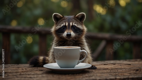 A raccoon sitting next to a coffee cup on top of wood,.