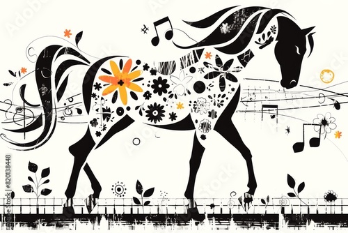 Contemporary horse vector illustration, flat color technique, simple geometric design on a brown canvas, chic vector style