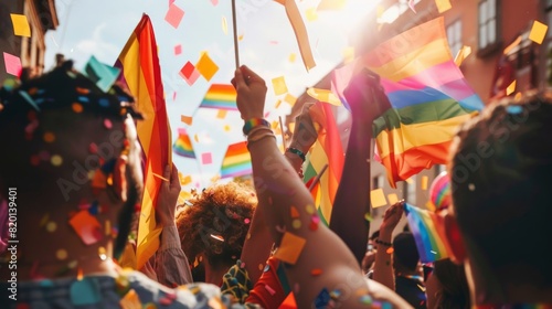 Crowd celebrating with rainbow flags at a public event