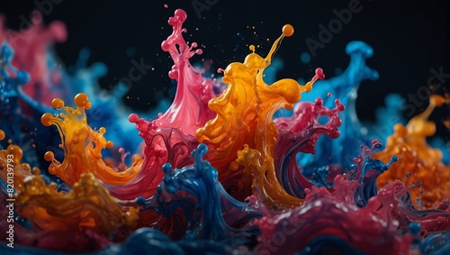 Vibrant interplay of swirling pink, orange, and blue inks creating a dynamic abstract fluid art scene.