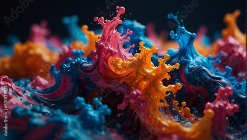 Vibrant interplay of swirling pink, orange, and blue inks creating a dynamic abstract fluid art scene.