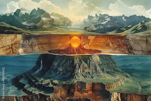 Epic landscape depicting mountains, valleys, and cross-sectional view of earth's interior. vibrant sunset and geological layers add to the dramatic effect. Symbolizes natural grandeur and geological