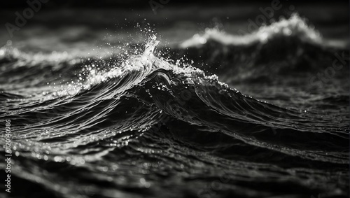 A black and white photograph of a wave pattern,.