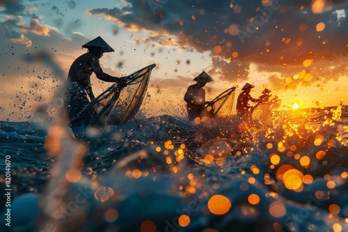 Fishermen at work, Fishermen silhouette lifting nets, sparkling droplets against sunset, capturing ocean’s dance with light. Each splash tells a tale of life’s cycle against the infinite sea.