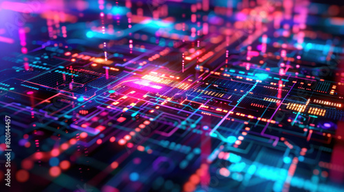 Abstract technology background with circuit board. Of futuristic processor, integrated microchip for ai device, binary code in cyberspace, and network connection.